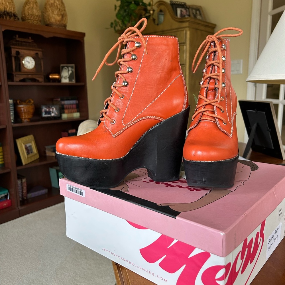 Jeffrey Campbell Orange Leather Lace-Up Platform Boots